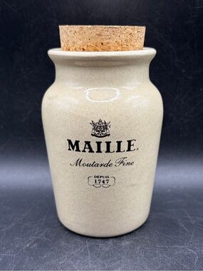 Vintage Maille Moutarde French Stoneware Mustard Jar w Cork Lid, Farmhouse Decor